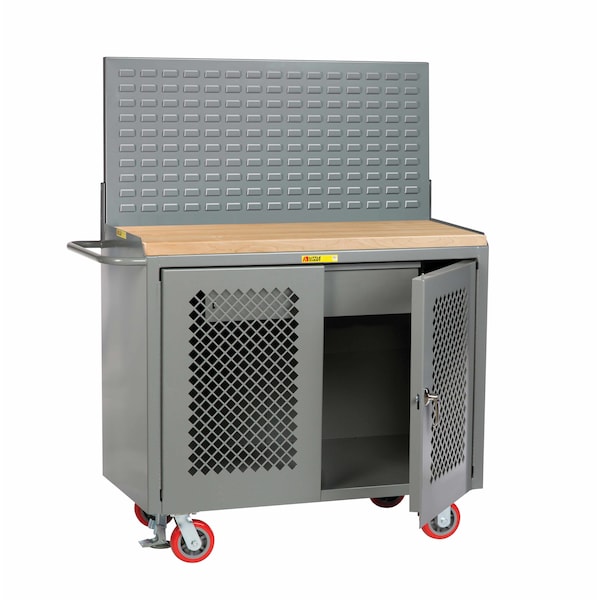 Mobile Bench Cabinet, Perf Doors, 36"W, HD Drawer, Louvered, Butcher Blk